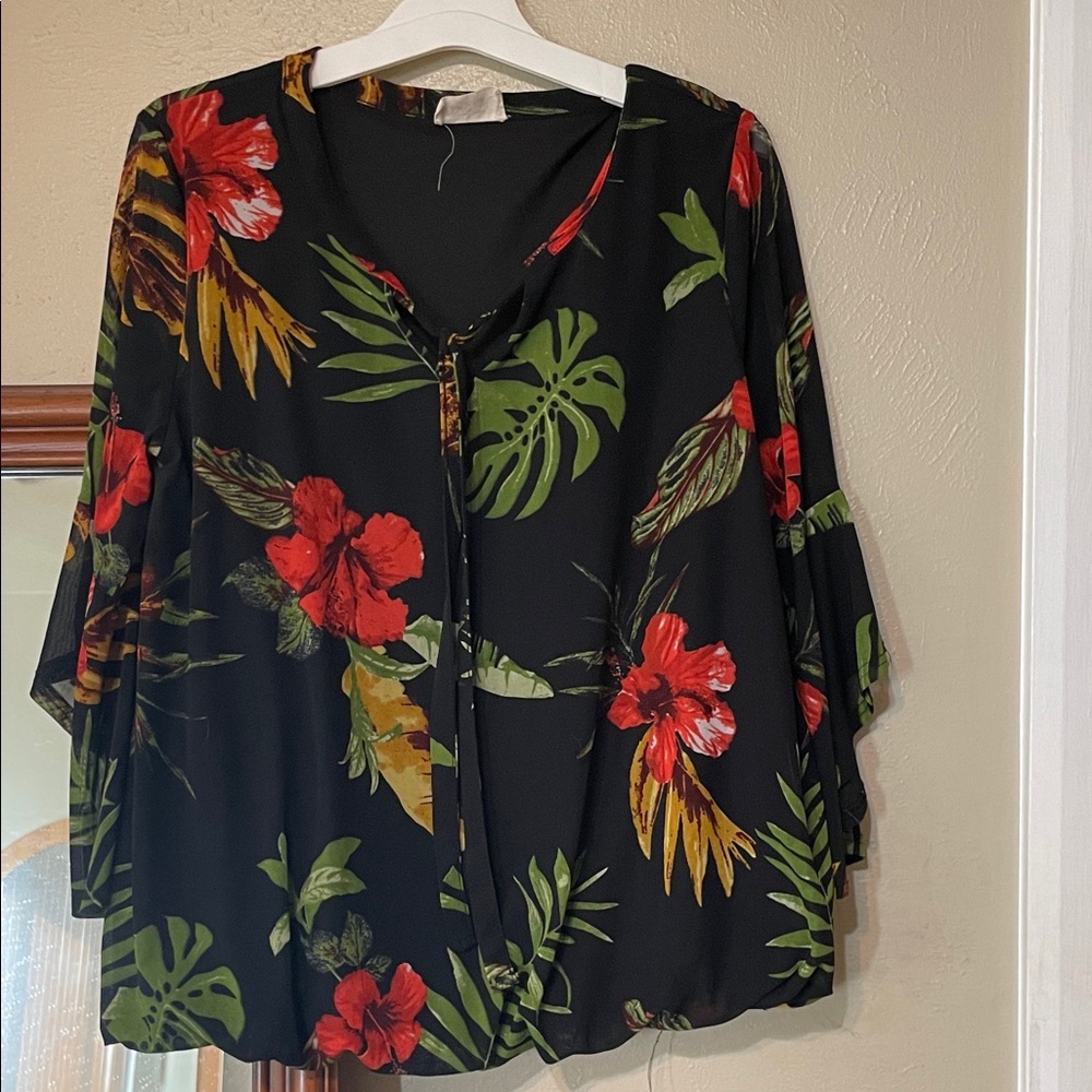 Tropical Floral Black Blouse